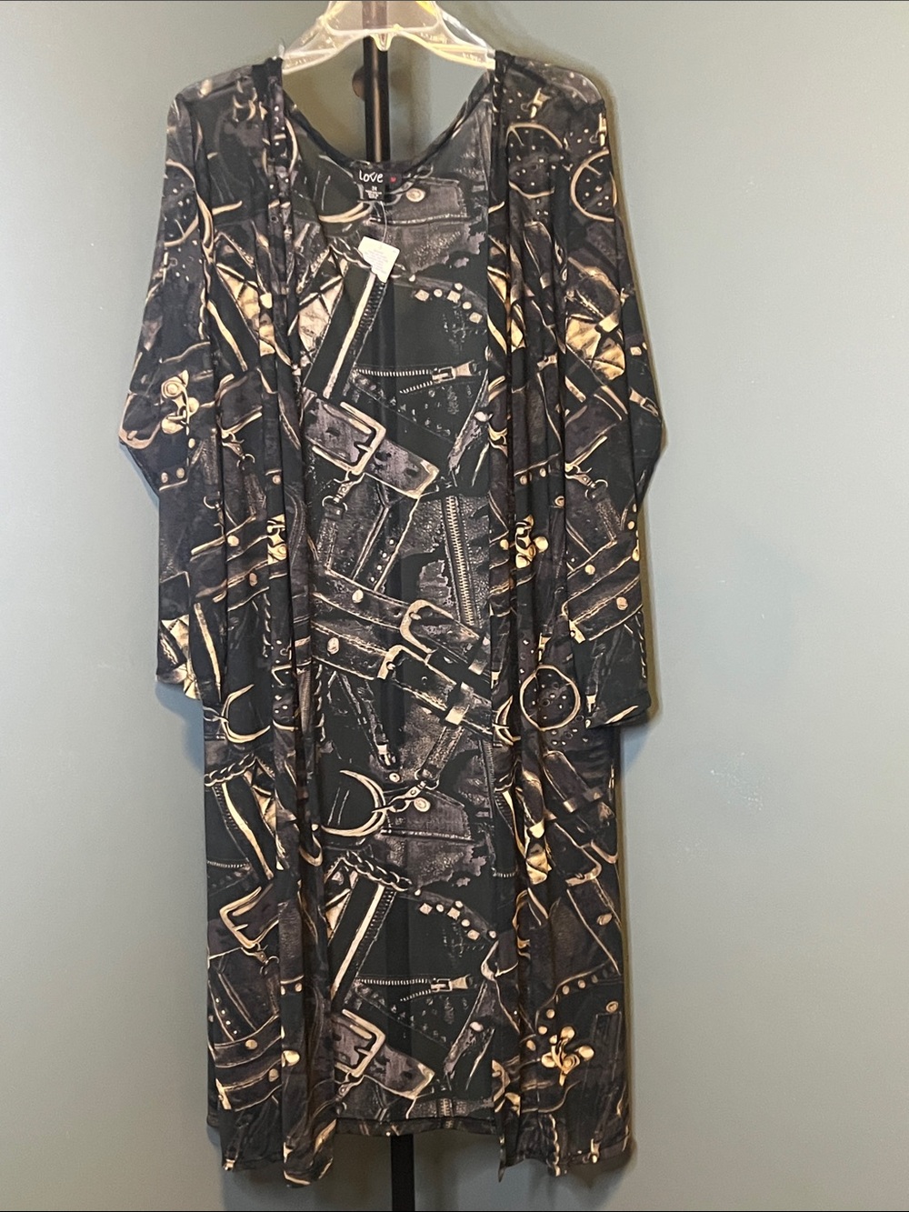 Love Black Cardigan with Tan Belt & Hardware Print
